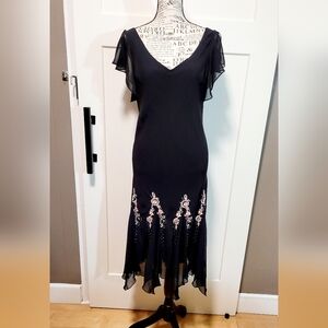 Dressbarn Babydoll Embroidered Chiffon Dress Sz 12 Black Fairy Whimsigoth Grunge
